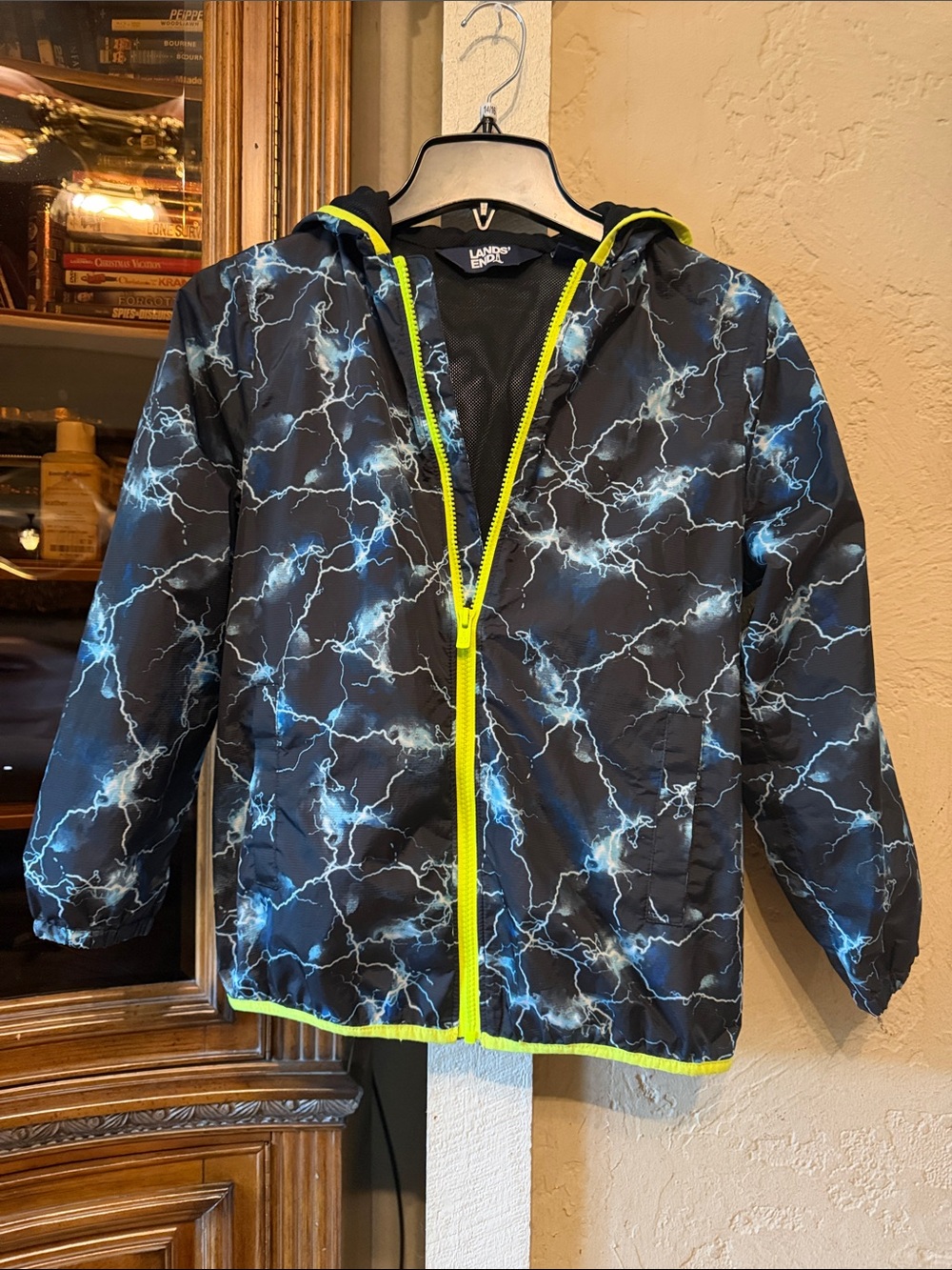 Lands' End Boys' Black Lightning-Print Hooded Jacket with Neon Yellow Trim